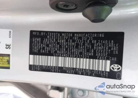 2025 Toyota Corolla Le z USA, uszkodzony, nr VIN 5YFB4MDE9SP317021